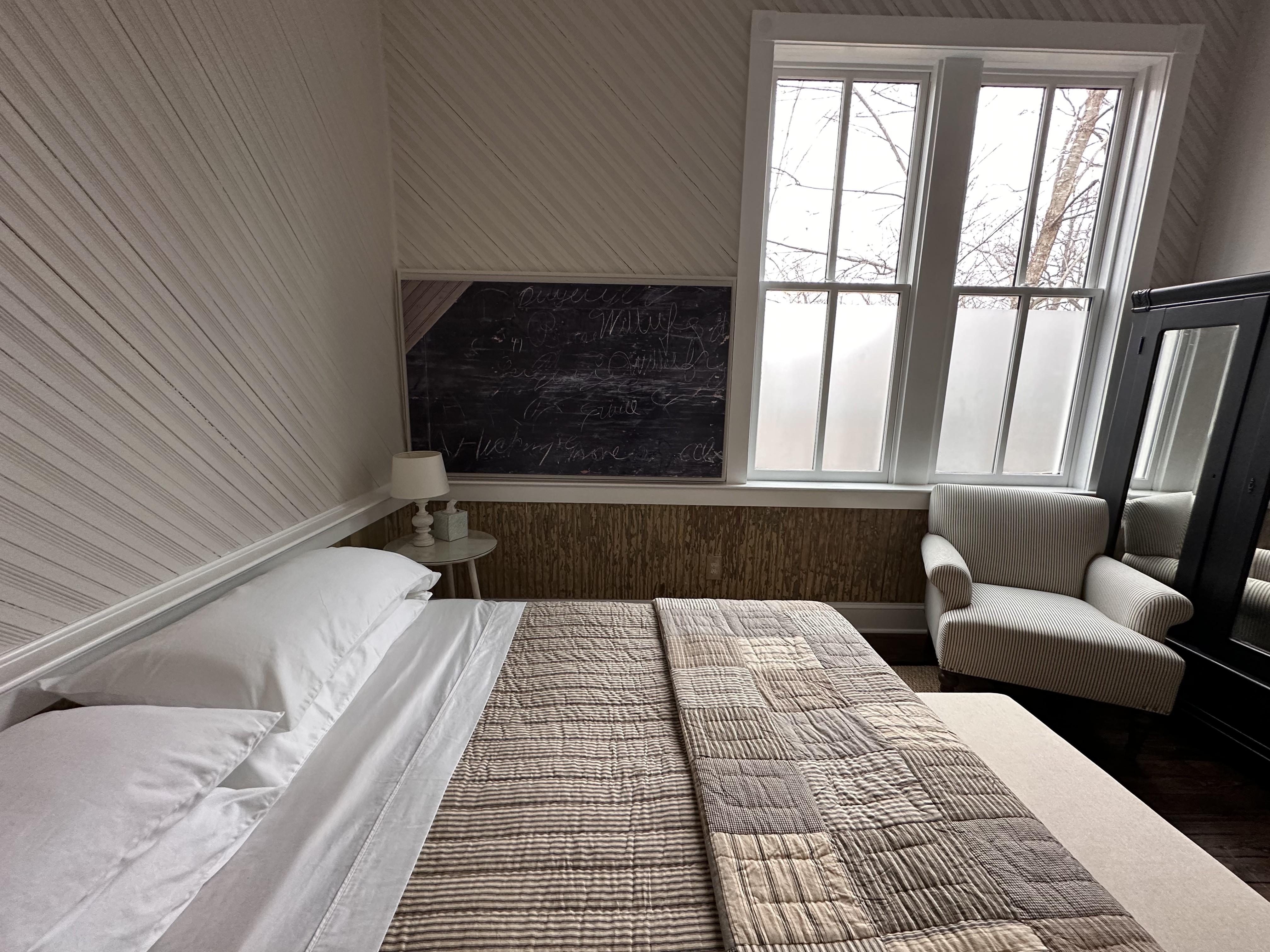 Spacious room with original chalkboards